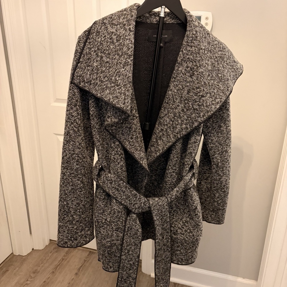 Ann Taylor Wrap Tie Tweed Draped‎ Neck Coat Sm Office Chic Quiet Luxury Classic